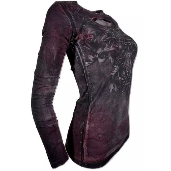 AFFLICTION Women's T-Shirt L/S CYPRESS Tee Biker - Picture 6 of 12